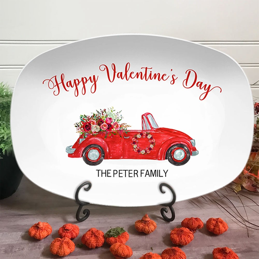 Valentine Personalised Plate Red Vintage Car Floral Platter Valentine's Day Gift for Her