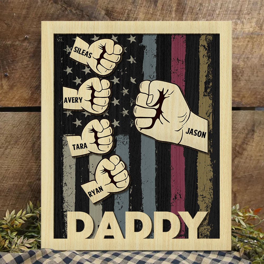 Personalised Daddy Fist Bump Wood Sign With Kids Name Gift for Father's Day