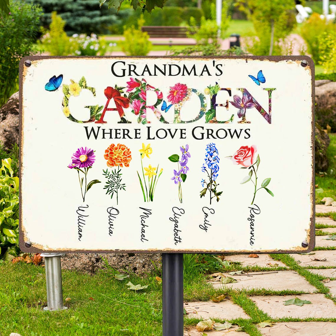 Personalised Grandma's Garden Birth Flower Sign Mother's Day Gift Outdoor Decor for Grandma 