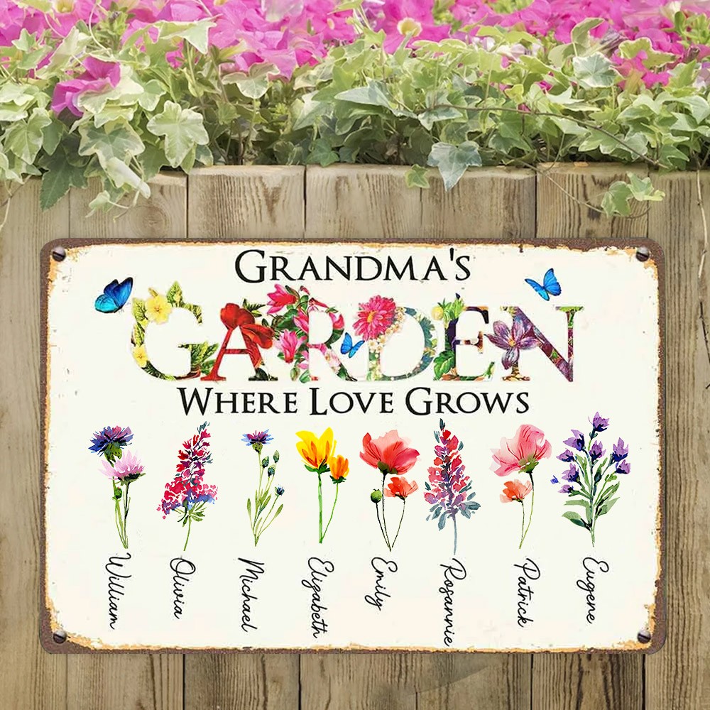 Personalised Grandma's Garden Birth Flower Outdoor Sign Gift For Grandma Wife Mum Her