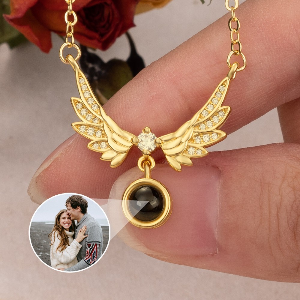 Personalised Photo Projection Wings Pendant Necklace with Picture Inside for Her Anniversary Gifts