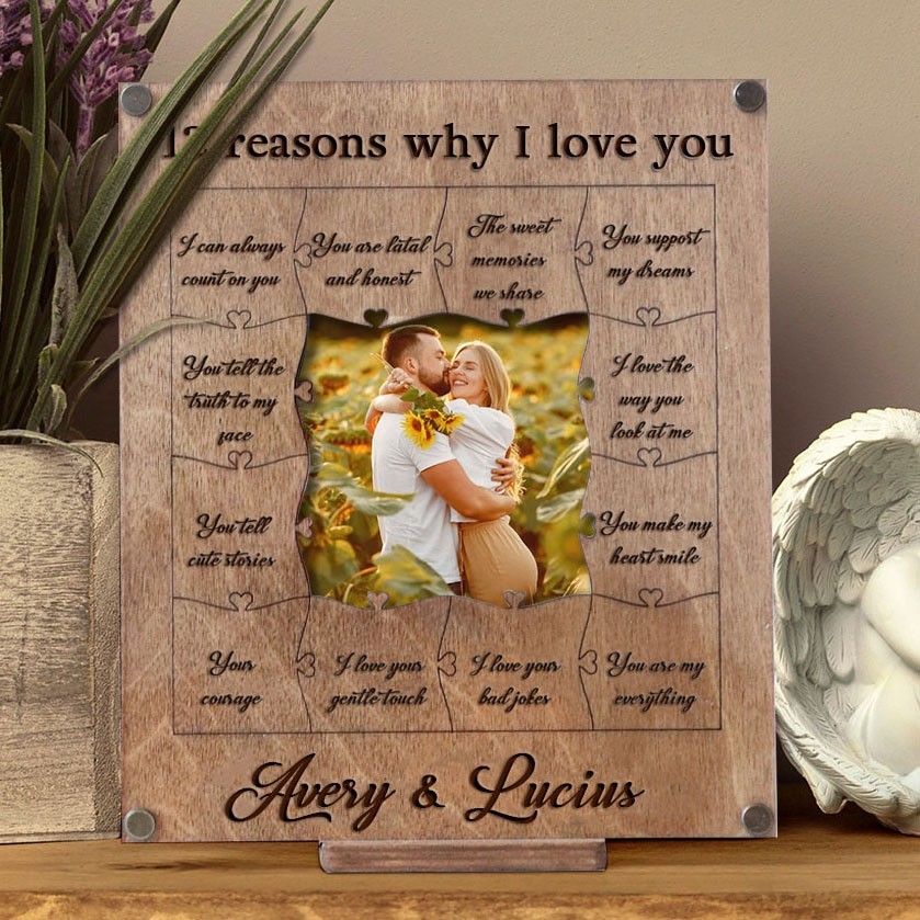 Personalised Photo Wooden Puzzle Frame with 12 Reasons Why I Love You Anniversary Gifts for Husband Valentine's Day Gifts