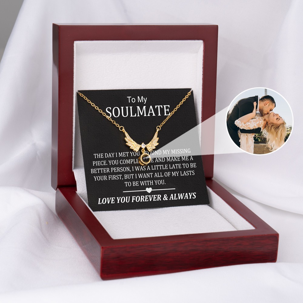 Custom To My Soulmate Wings Charm Photo Projection Necklace Memorial Gifts for Her Christmas Gifts