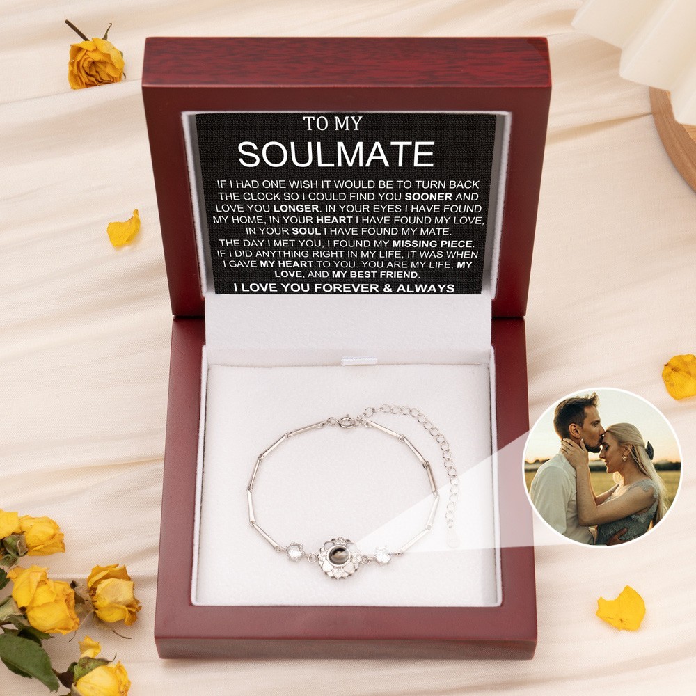 Personalised To My Soulmate Sunflower Photo Projection Bracelet Gift for Women Wife Her