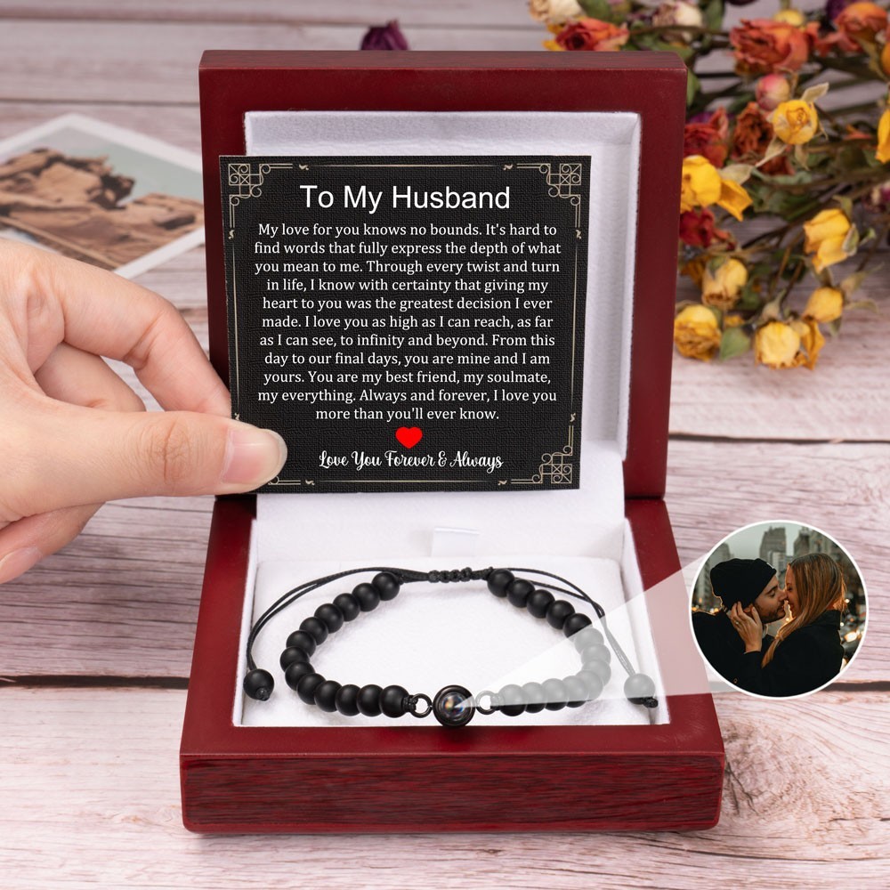 To My Husband Personalised Black Beaded Projection Photo Bracelet Christmas Gifts for Husband Anniversary Gift Ideas