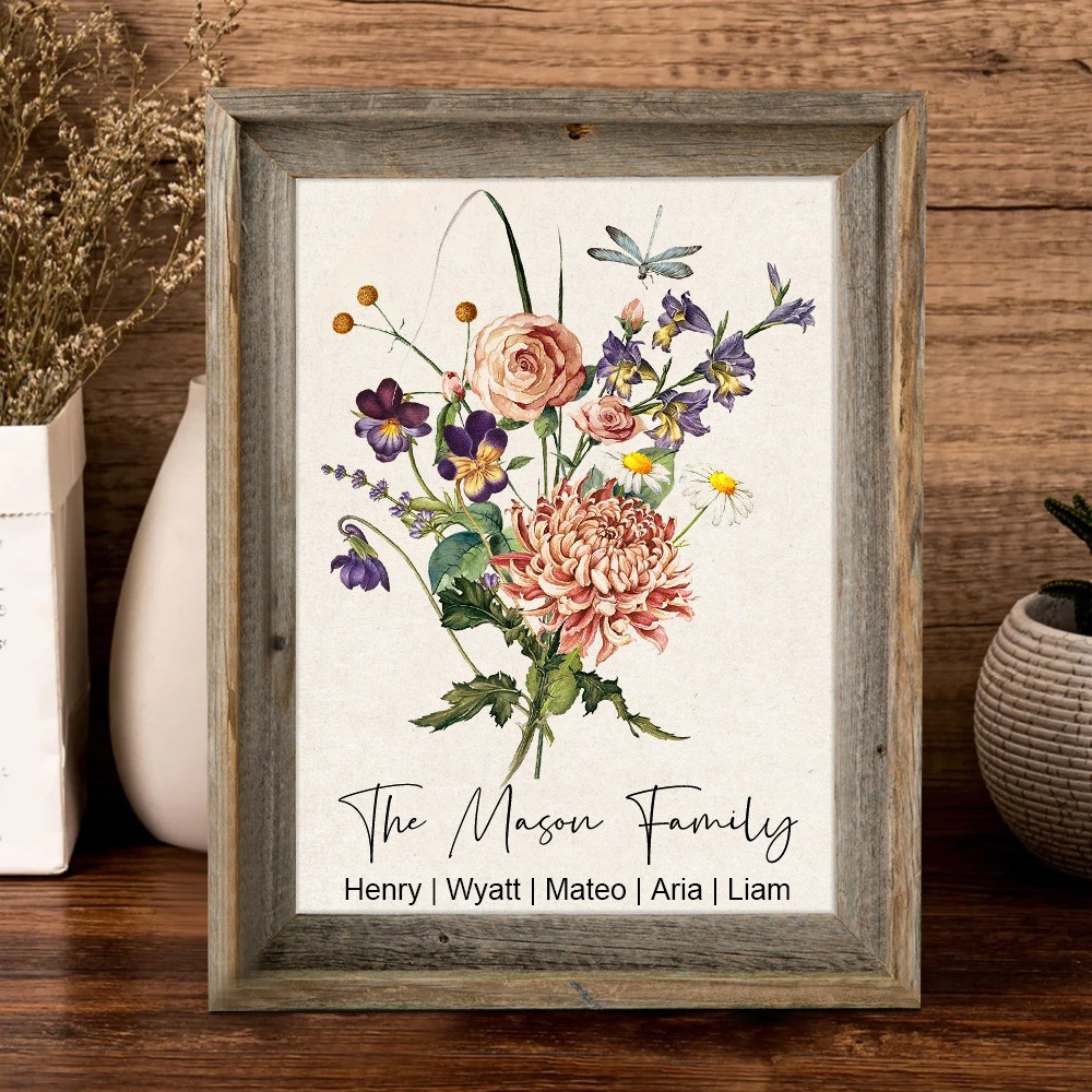 Personalised Family Watercolour Birth Flower Bouquet Print Frame with Kids Names Christmas Gift Ideas for Mum Grandma