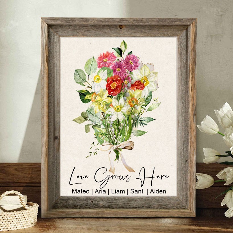 Personalised Birth Flower Family Bouquet Art Print Frame Gifts for Mum Grandma Wife Her