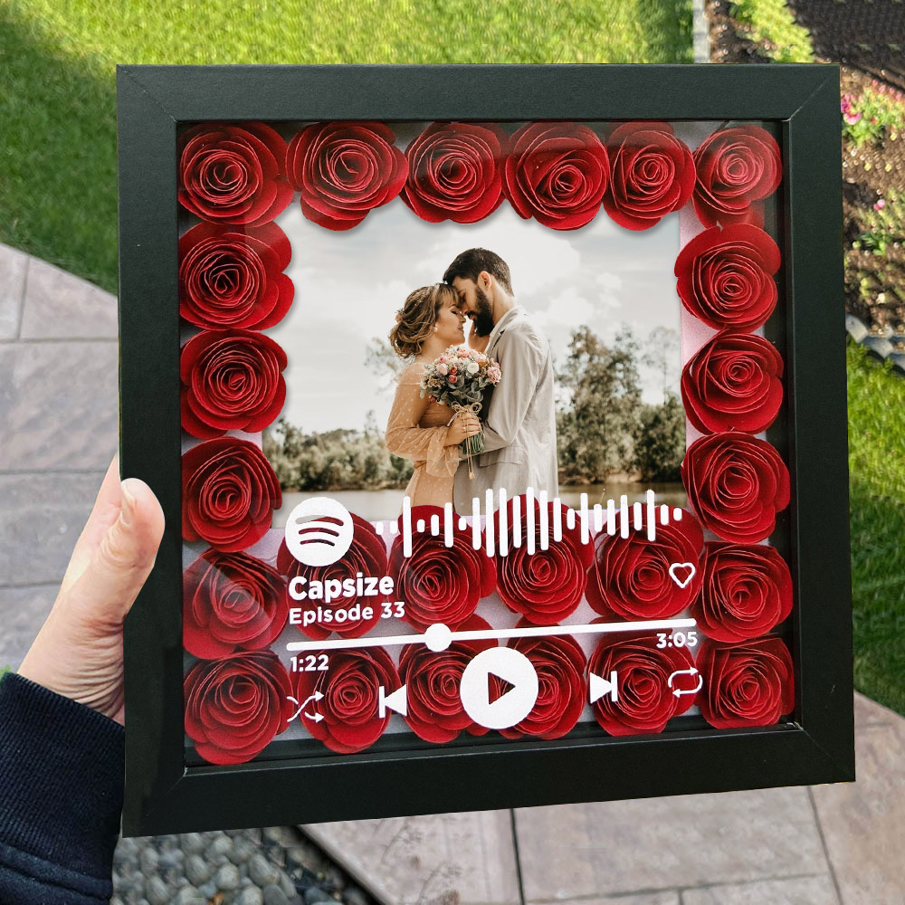 Personalised Spotify Flower Shadow Box With Couple Photo For Wedding Anniversary Valentine's Day Gifts For Mum Wife Her