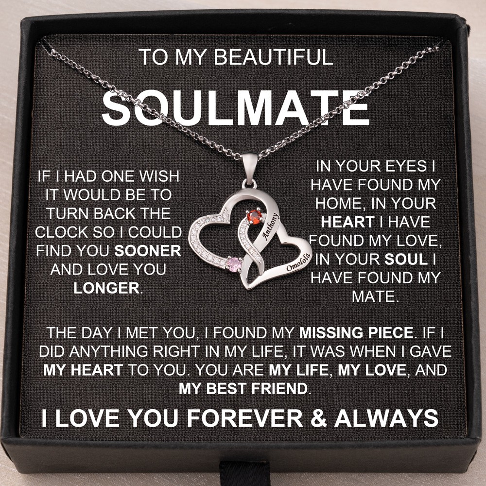To My Soulmate Personalised Double Heart Necklace With 2 Names and Birthstones Anniversary Gifts For Wife Valentine's Day Gift For Girlfriend