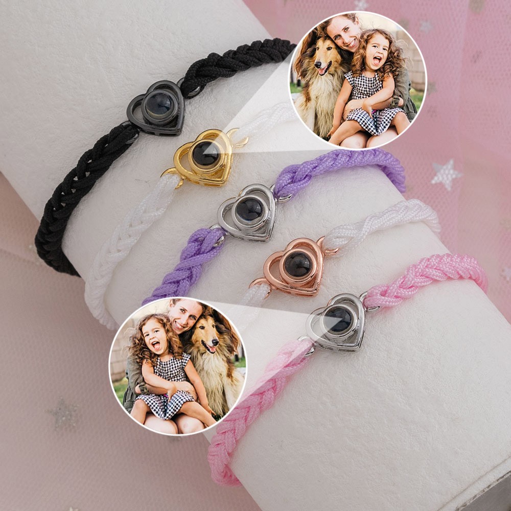 Personalised Mum Heart Shaped Bead Photo Projection Braided Rope Bracelet With Picture Inside Birthday Gift For Mum Unique Family Gift For Pet Owner Mother's Day Gifts