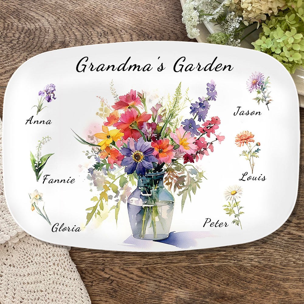 Grandma's Garden Birth Flower Platter with Grandkids Names Personalised Gifts for Mum Grandma Christmas Gift Ideas