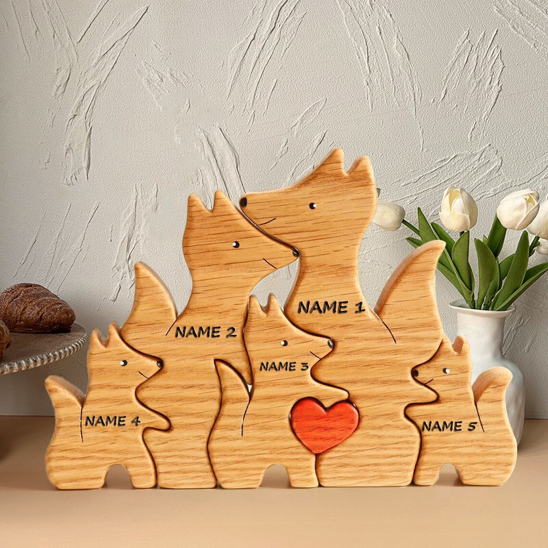 Personalised Wooden Fox Family Puzzle with Engraved Names Keepsake Gifts For Mum Wife Her