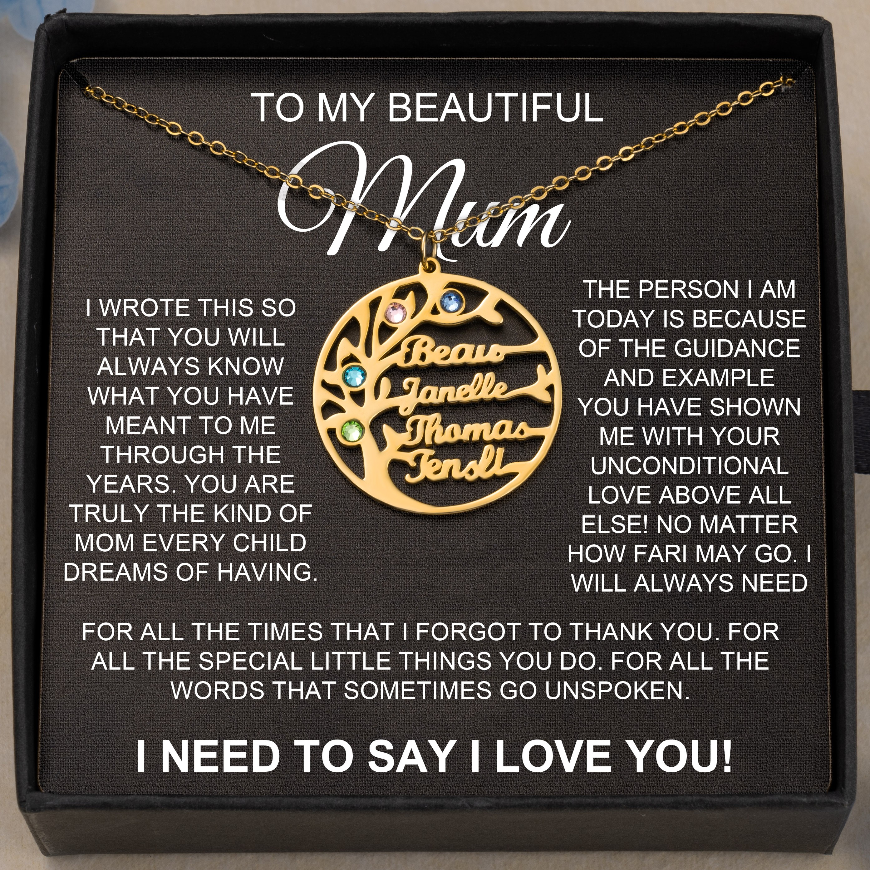 Personalised To My Beautiful Mum Tree Of Life Names Birthstones Necklace Birthday Anniversary Gifts For Mum Her