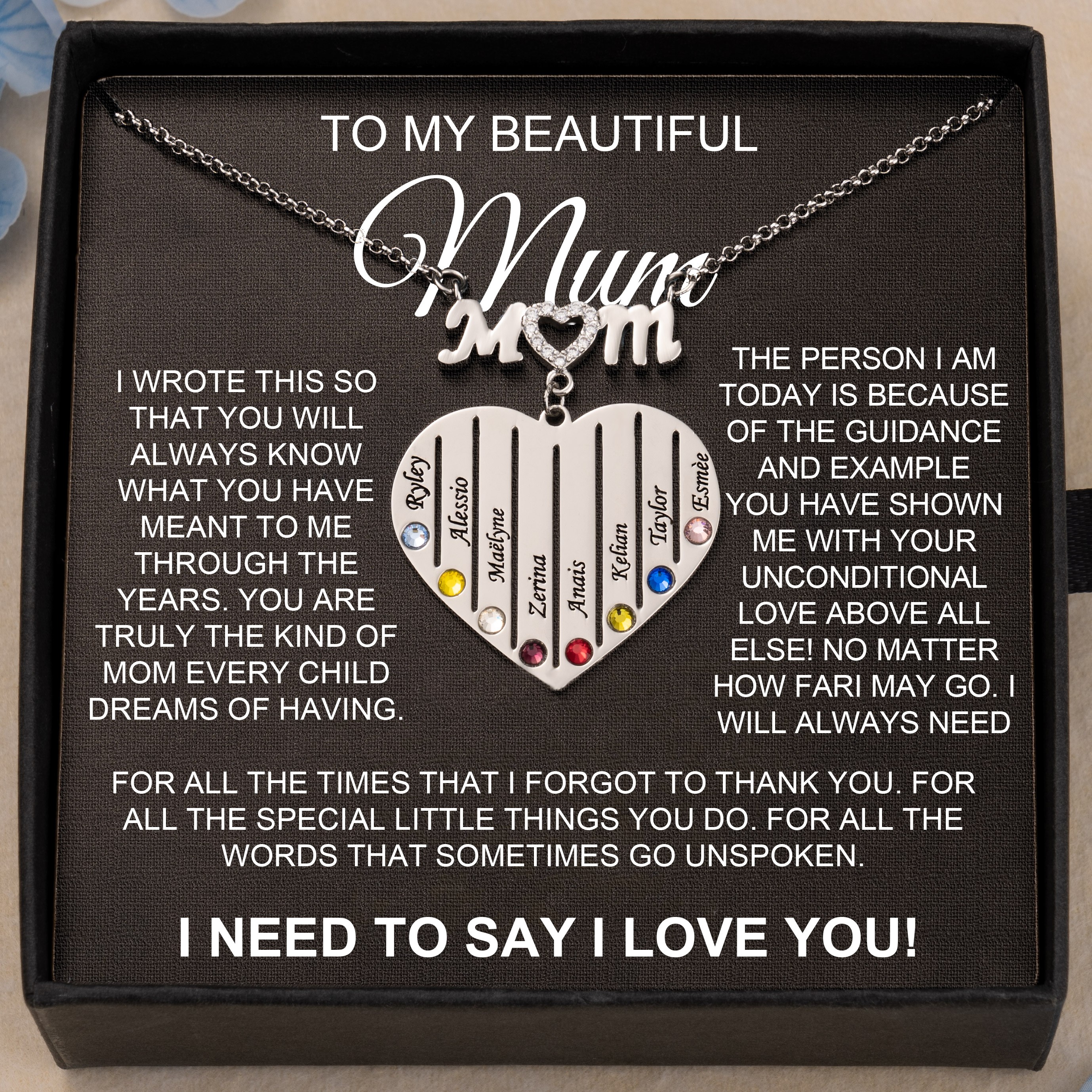 Personalised To My Mum Heart Shaped Family Necklace With Kids Names And Birthstones Unique Birthday Gift For Mum Special Mum Pregnancy Gift Mother's Day Gift Ideas