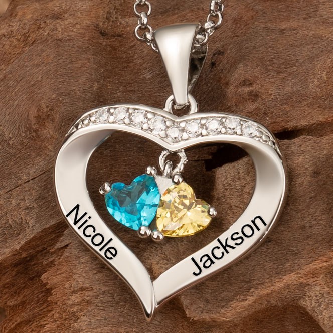 Personalised Heart Shaped Couple Engraved Names Necklace With Birthstones Design Unique Gift For Girlfriend Birthday Gift For Best Friend Valentine's Day Gift Ideas