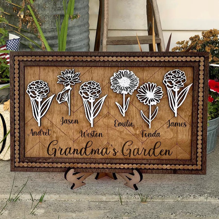 Personalised Grandma's Garden Birth Month Flower Sign with Kid Names Gift Ideas for Mum Grandma Birthday Gift