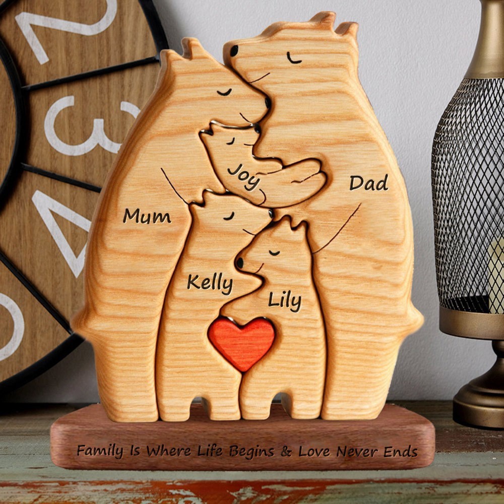 Personalised Names Bear Wooden Family Puzzle with Stand Keepsake Family Gifts for Mum Her