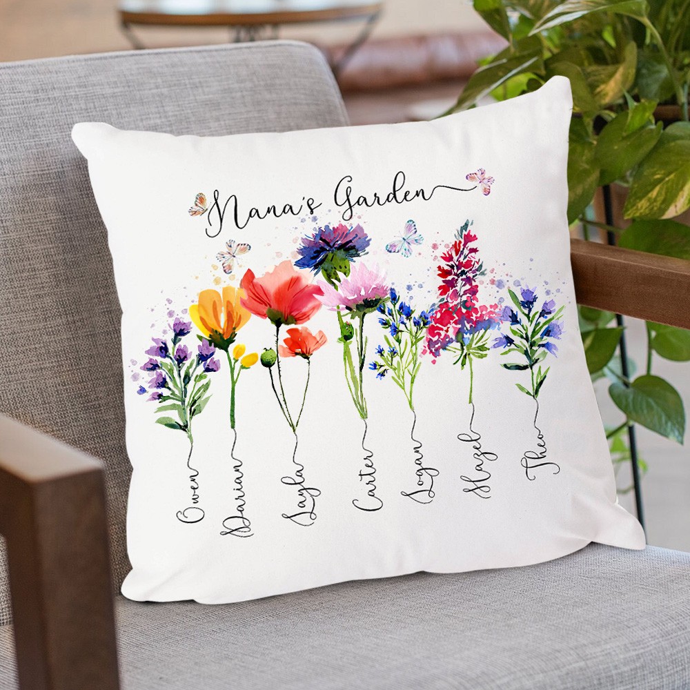 Personalised Nana's Garden Birth Flower Pillow With Grandkids Names Unique Gift for Grandma Mum 