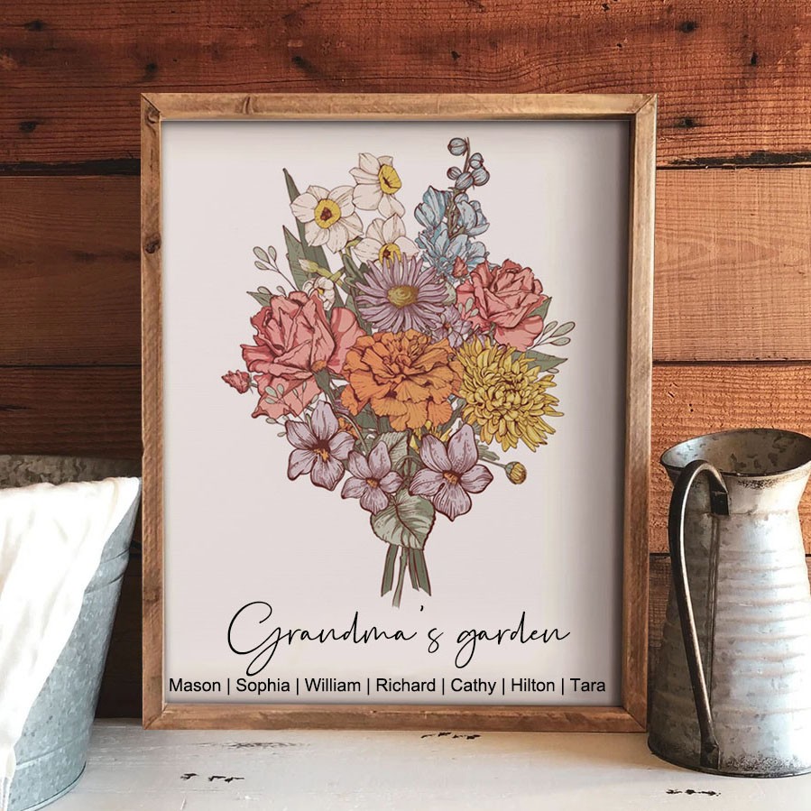 Personalised Grandma's Garden Birth Flower Bouquet Art Print Frame Gifts for Mum Grandma