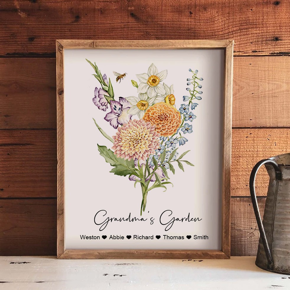 Personalised Grandma's Garden Birth Flower Bouquet Print Art Gift Ideas for Grandma Mum Christmas Gifts
