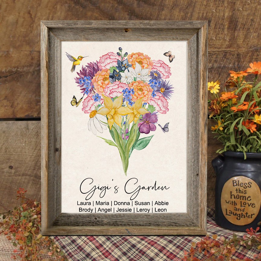 Custom Gigi's Garden Bouquet Frame With Watercolor Birth Flowers Unique Gift for Grandma Mum Mother's Day Gift Ideas