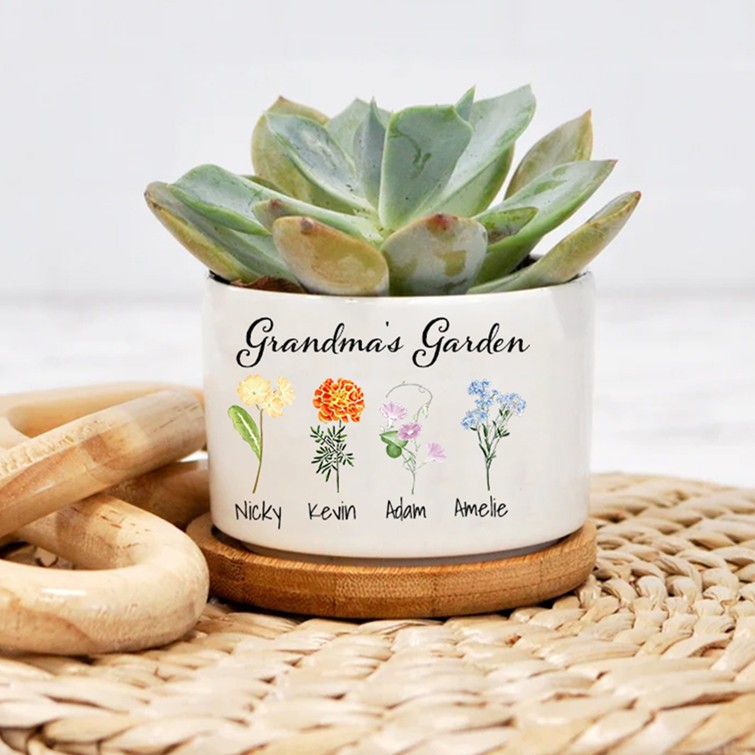 Personalised Birth Flower Succulent Plant Grandma's Garden Mini Plant Pot Gift Ideas For Grandma Mum Her