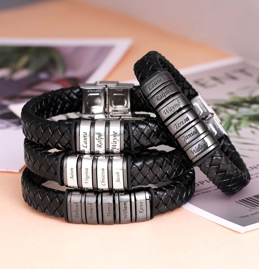 Personalised Mens Beads Braid Leather Bracelet With 1-10 Beads