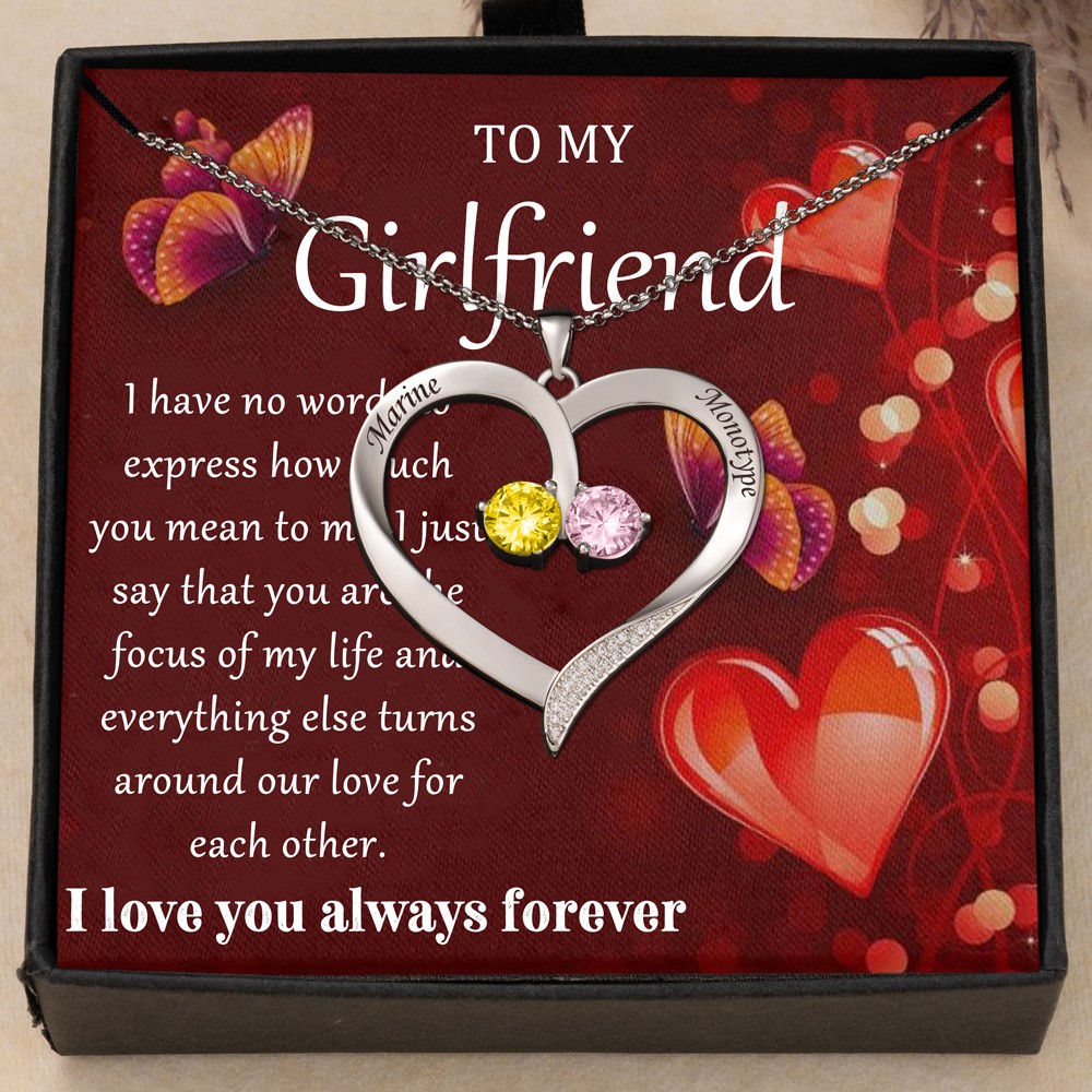 To My Girlfriend Heart Shaped Birthstone Necklace with Names Gifts for Girlfriend Valentine's Day Gifts