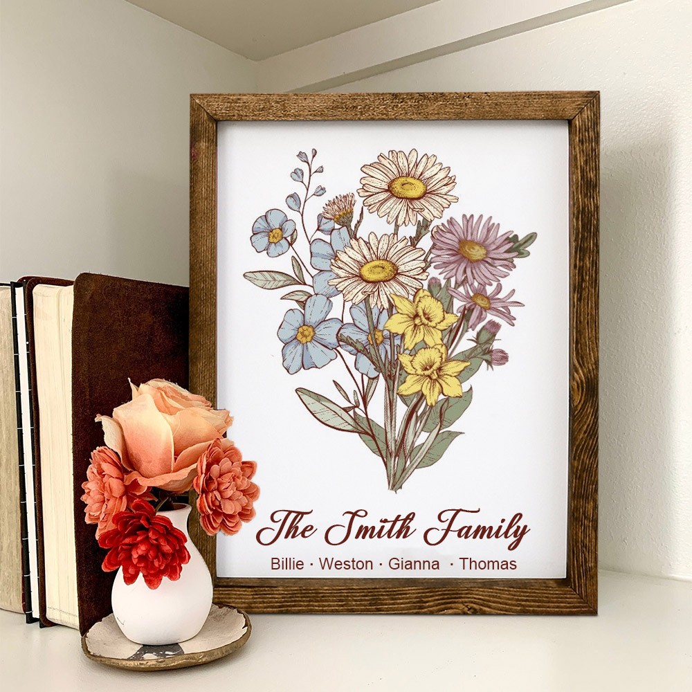 Personalised Art Print Family Birth Flower Bouquet Frame With Kids Names Unique Keepsake Family Gift For Mum Grandma