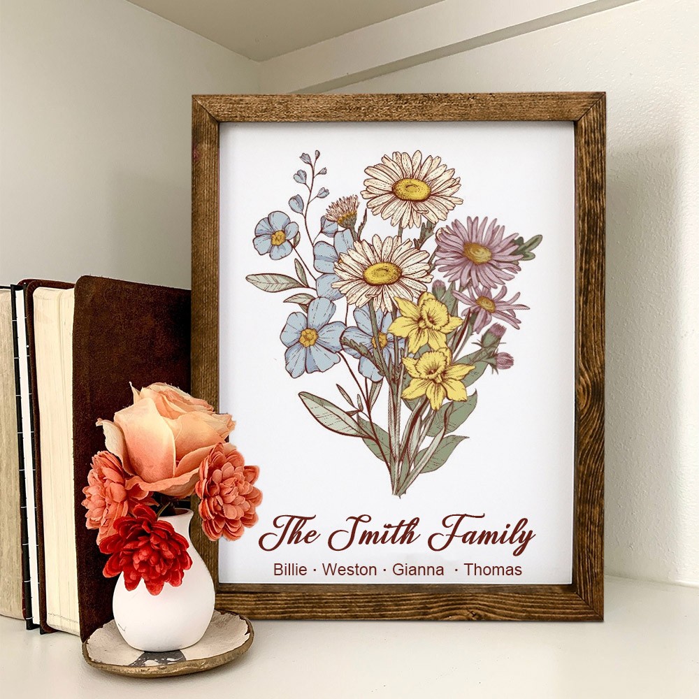 Custom Family's Garden Art Print Bouquet Frame With Birth Month Flowers And Grandkids Names Mother's Day Gift