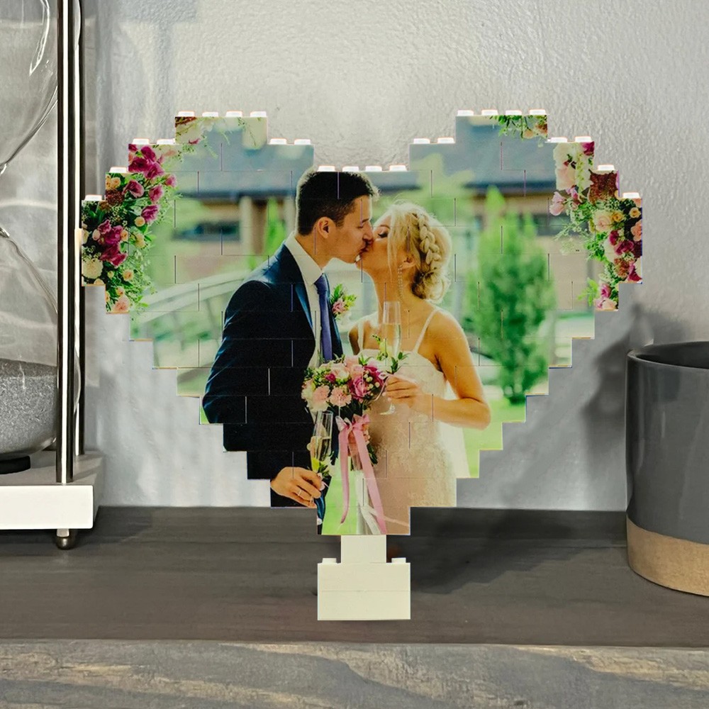 Personalised Building Brick Heart Shaped Photo Block Love Brick Puzzle Gift for Anniversary Valentine's Day Christmas