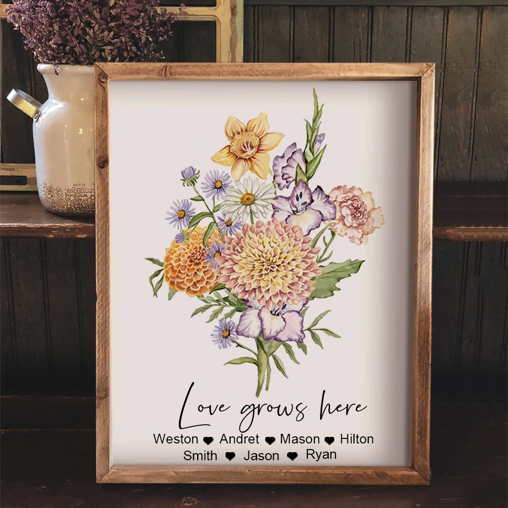 Custom Family Birth Month Flowers Bouquet Wood Sign Gifts for Mum Family Keepsake Gifts Birthday Gifts for Grandma from Grandkids
