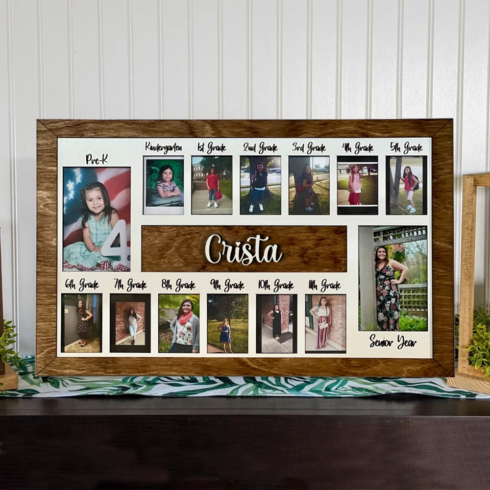 Custom 3D K-12 School Years Picture Frame Personalised Photo Display with Raised Lettering Rustic Photo Display Board