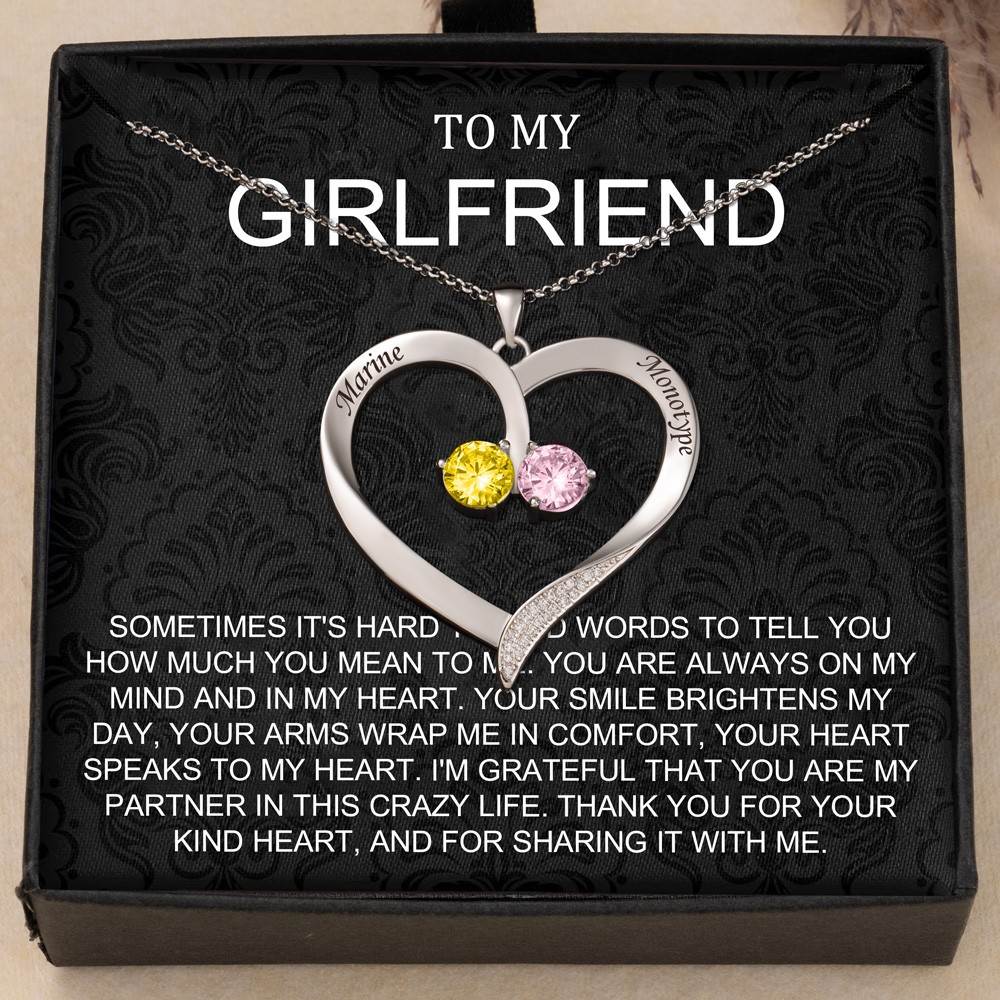 To My Girlfriend Custom Heart Shape Name Necklace with Birthstone Design Gifts for Girlfriend Valentine's Day Gifts Christmas Gifts