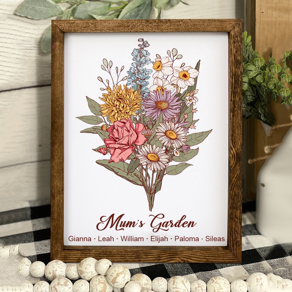 Custom Mum's Garden Bouquet Frame With Art Print Birth Month Flowers And Kids Names Mother's Day Gift