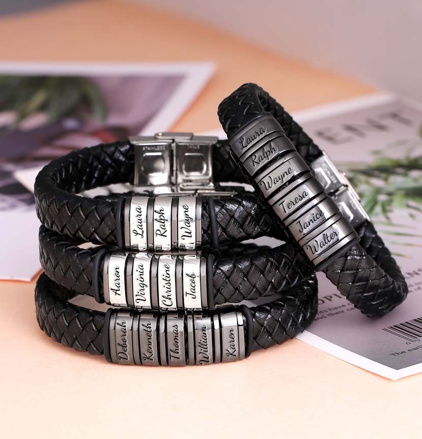 Personalised Mens Beads Braid Leather Bracelet With 1-10 Beads