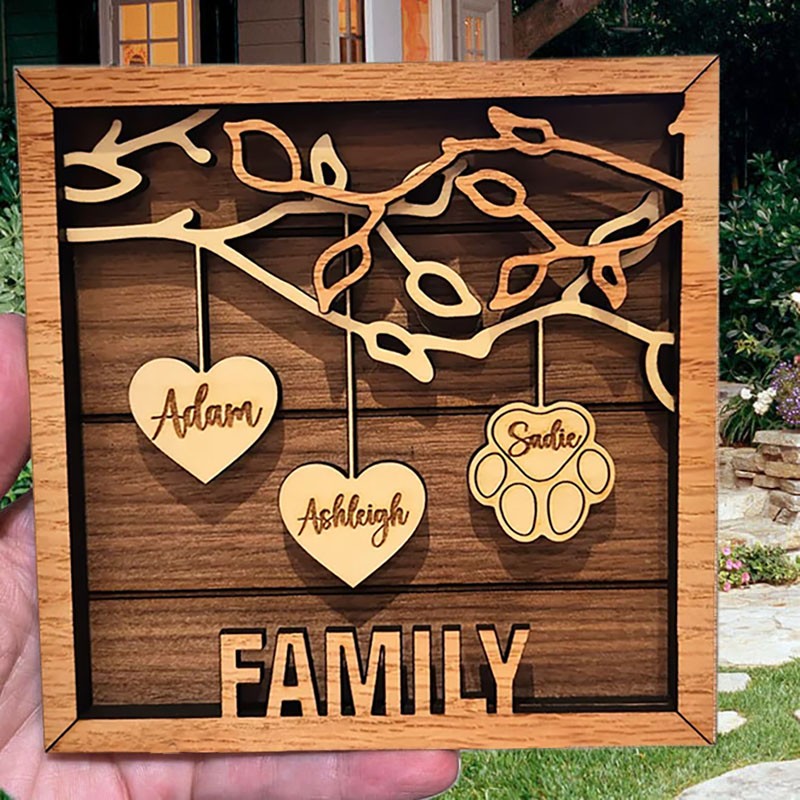 Personalised Family Tree Wood Sign Name Engravings Home Wall Decor Anniversary Birthday Gifts