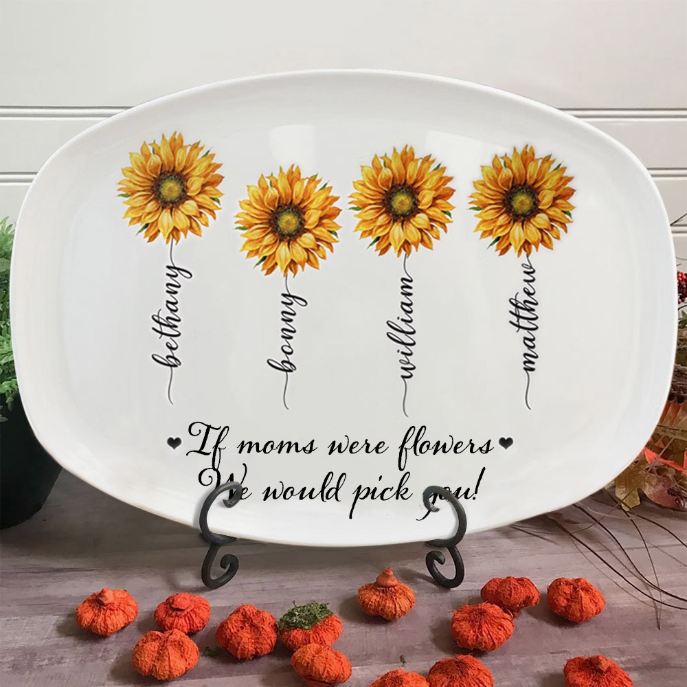 Personalised Sunflower Platter with Engraved Names Gift for Mum Wife Grandma Love Gift for Her