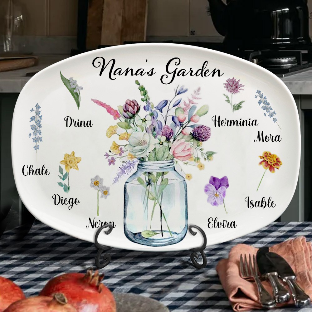 Personalised Grandma's Garden Plate Birth Month Flower Platter With Grandchildren Names Gift For Grandma Nana
