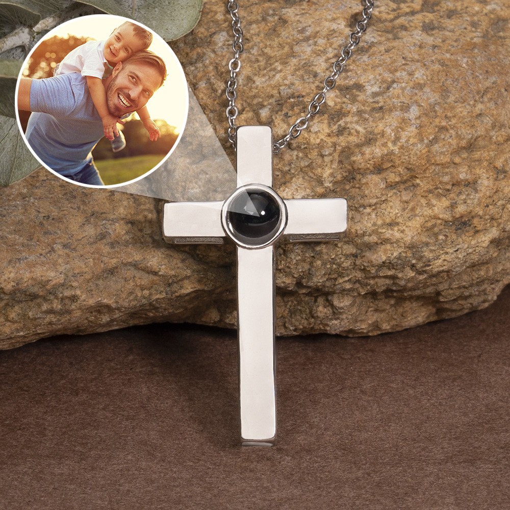 Personalised Mens Cross Memorial Photo Projection Necklace with Picture Inside Gifts For Father Dad Grandpa Boyfriend Him