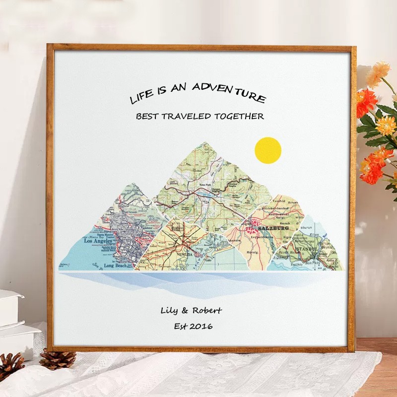Custom Couples Travel Map Mountain Wall Art Anniversary Gifts for Husband Wife Couples Engagement Gifts