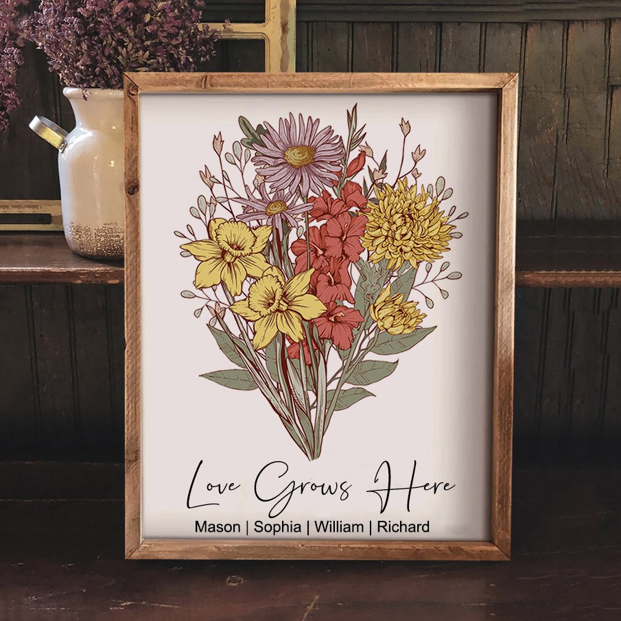 Personalised Family Birth Flower Bouquet Frame with Kids Names Gift Ideas For Her Mum Grandma