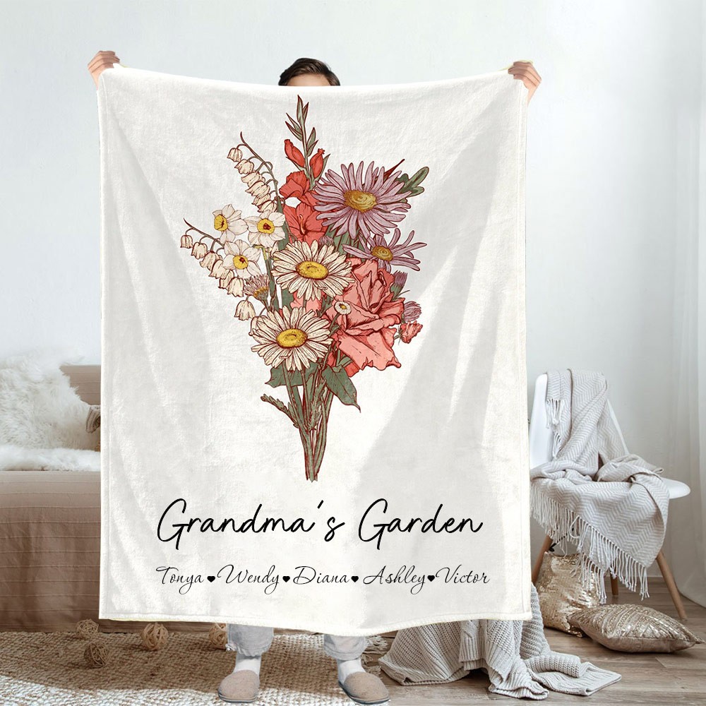 Custom Grandma's Garden Birth Flower Bouquet Blanket With Grandkids Names Gift Ideas for Grandma Mum Mother's Day Gift