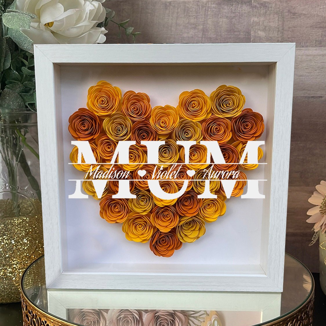 Mother's Day Flower Gift Ideas Custom Mum Flower Shadow Wooden Frame Box With Names