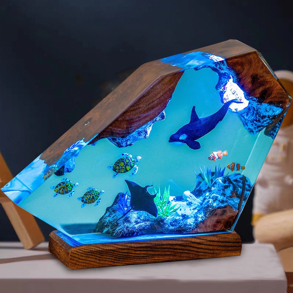 Killer Whales and Turtle Night Light Resin Ocean Wood Lamp