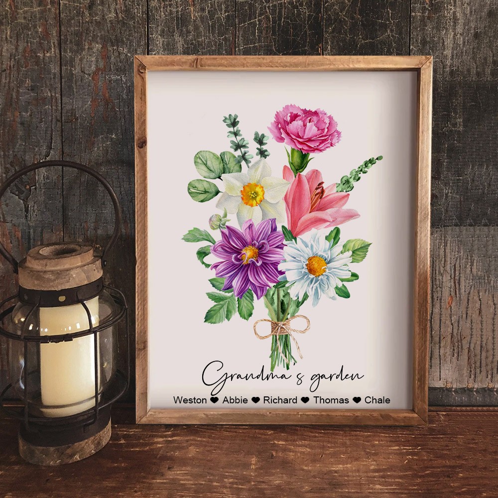 Grandma's Garden Birth Flower Bouquet Wood Sign Art Print Personalised Gifts for Grandma Mum Christmas Gifts