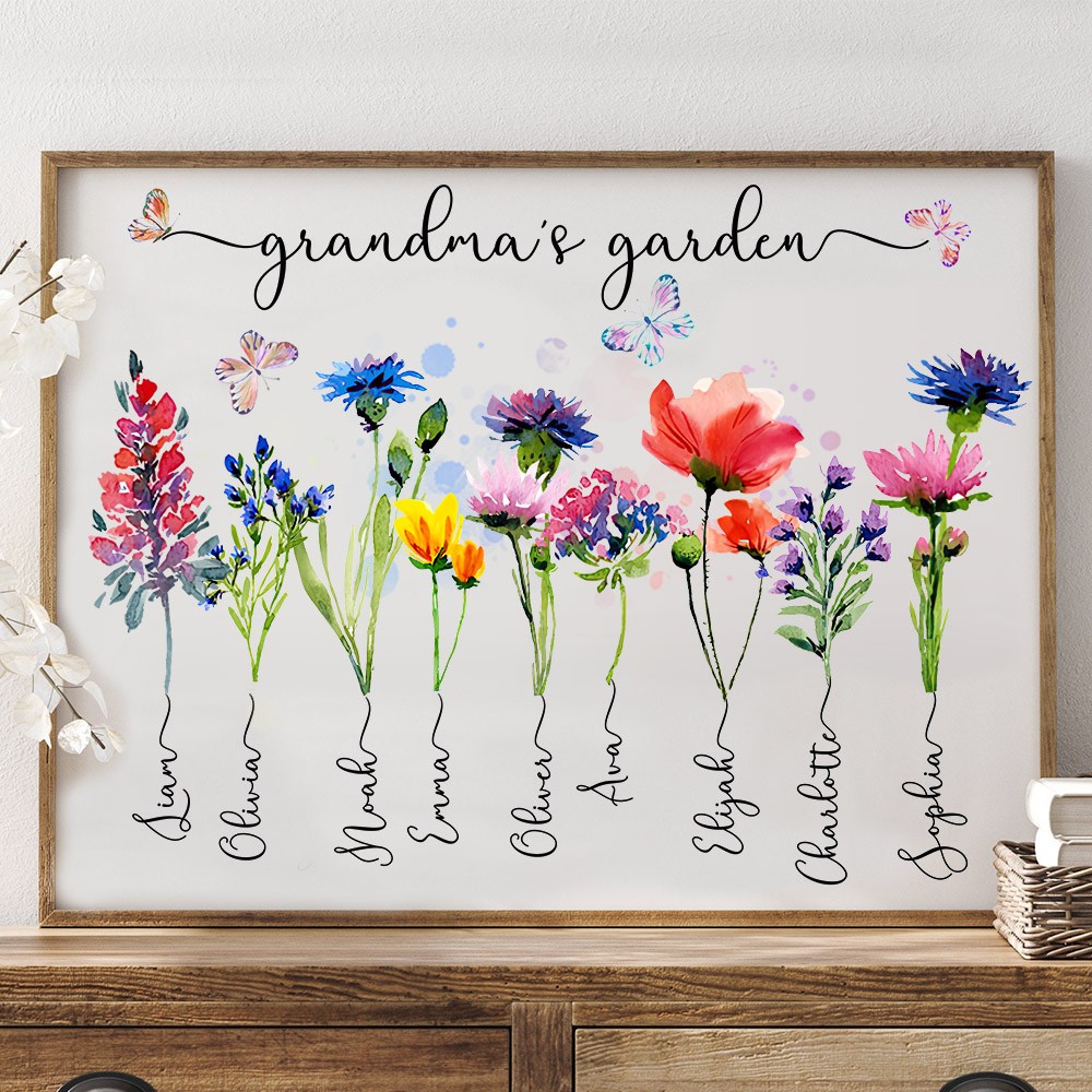 Personalised Grandma's Garden Birth Month Flower Print Frame with Kids Name Gift for Grandma Mum