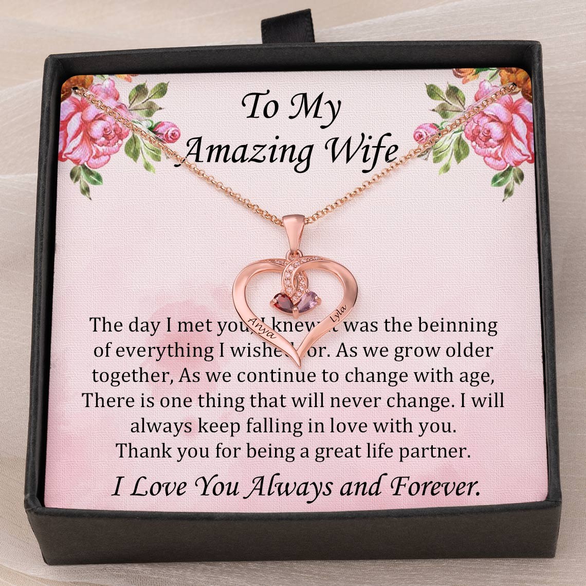 To My Amazing Wife Personalised Heart 2 Names Necklace with Birthstones Anniversary Gift Ideas Christmas Gifts for Wife