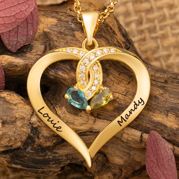 Personalised Couple Heart  Shaped Names Necklace With Birthstones Unique Gifts for Girlfriend Birthday Gift For Lover Special Anniversary Gifts Valentine's Day Gift