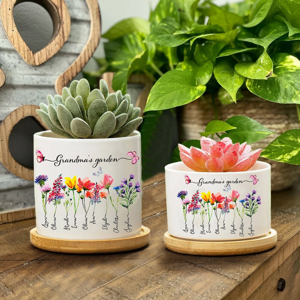 Personalised Grandma's Garden Birth Month Flower Plant Pot with Children's Name Gift For Mum Grandma